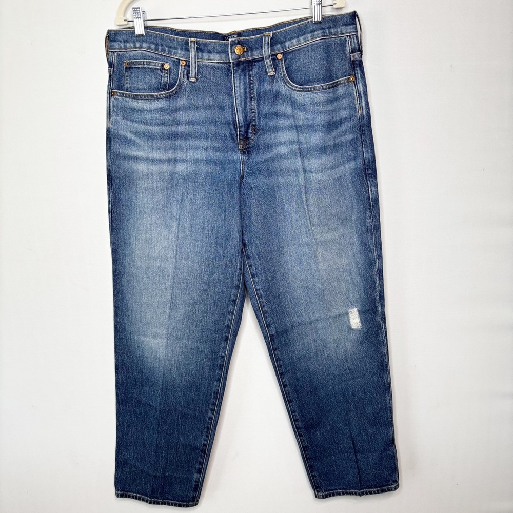 J.Crew Relaxed Boyfriend Jeans Womens Size 32 Blue Denim Distressed Cropped‎